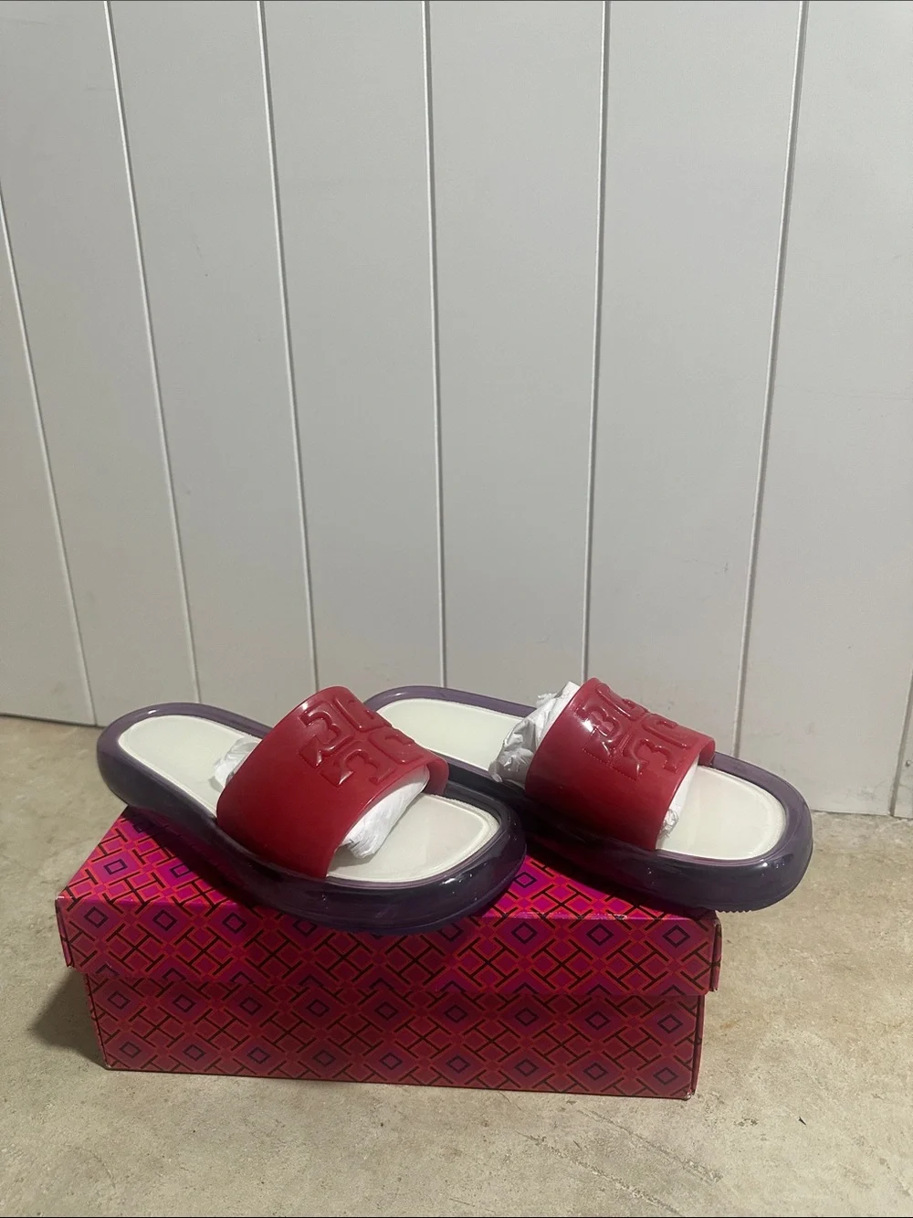 Tory Burch Red Slide Sandals with Purple Platform